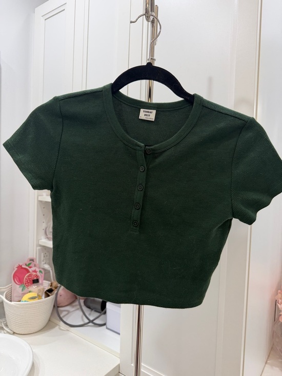 Sunday Best Tops - Sunday Best Dark Green Ribbed Crop Henley Top